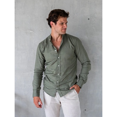 TallGuys pánská prodloužená lněná košile 2.0 dlouhý rukáv slim stone olive