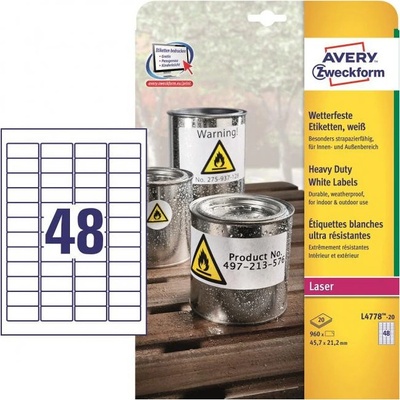 Avery-Zweckform L4778-20 45.7 x 21.2 mm prehľad produktov fólie biela 960 ks trvalé Fóliové etikety laser, kópie; L4778-20