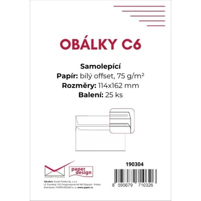 Obálka C6 SL 75g, 25ks Bílá, samolepicí, vnitřní potisk
