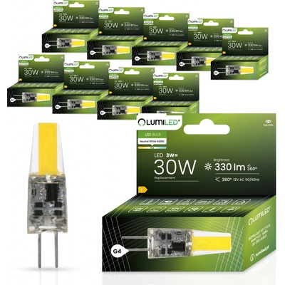Lumiled LED žárovky G4 Sada 10 žárovek 3W = 30W 4000K Neutrální bílá 330lm 360° 12V AC/DC Mini malá žárovka Úspora energie Žádné blikání COB