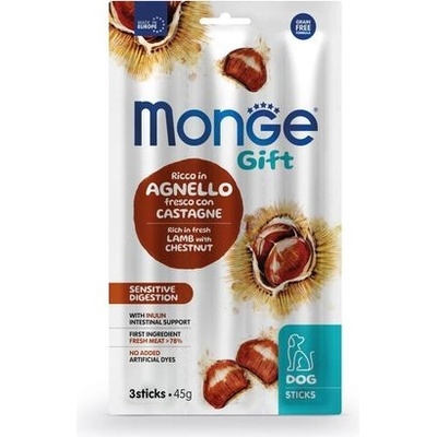 MONGE GIFTSticks Sensitive digestion 3 ks tyčinky s jehněčím masem a kaštany pro psy s citlivým trávením 45 g