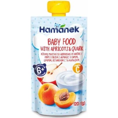 Hamanek Бебешко пюре Hamanek - Пауч с кайсии и кварк, 120 g (8595139783921)