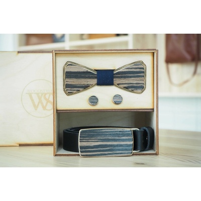 Wood Style Set Hranatý Modrotisk opasek motýlek a manžetové knoflíčky Hnědá Dub černý
