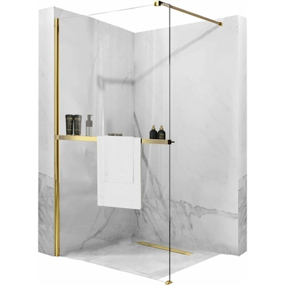 Rea Aero, sprchová zástena typu Walk-In 110cm, 8mm číre sklo, zlatý lesklý profil + polička a vešiak EVO, KPL-K8441