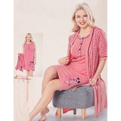 Комплект от халат и нощница в розов корал с листенца