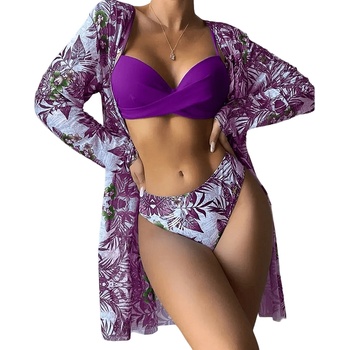 Image 1 of Комплект бански и туника в лилаво с екзотичен десен