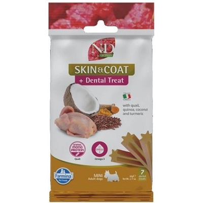 N&D Quinoa Skin & Coat Dental Care Treat With Quail, Coconut and Turmeric Mini - Дентални стикове за кучета от дребни породи с пъдпъдък, киноа, кокос и куркума - 60 гр, Италия - KND0006008