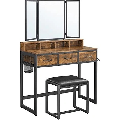 Vasagle Toaletní kosmetický stolek se zrcadlem a taburetem rustikální hnědá černá RVT004B01 – Zboží Mobilmania