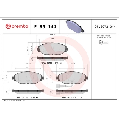 Sada brzdových platničiek, vždy 4 kusy v sade BREMBO P 85 144 (P85144)