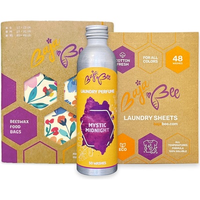 BajaBee Eco Set | Voskové vrecko XL 1 ks + Pracie pásiky na 48 praní + Parfém na pranie 250 ml