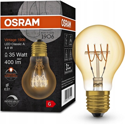 Osram Dekoratívna LED žiarovka E27 A60 4,8W 35W 400lm 2200K Warm 320° Filament Dimmable Vintage 1906