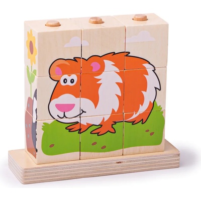 Bigjigs Toys Дървен пъзел от кубчета за нанизване, Bigjigs - Домашни любимци (BB104)