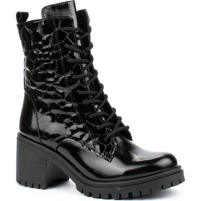 Лачени дамски боти в черен цвят с връзки и цип