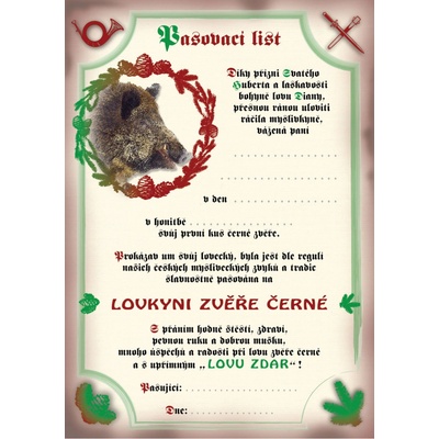 e‑myslivost.cz Pasovací list na lovce zvěře černé - pro ženu - Motiv s personalizací