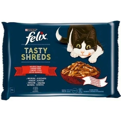 Felix Tasty Shreds s kuracím a hovädzím mäsom v omáčke 4 x 80 g