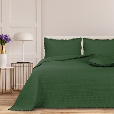 Divio přehoz na postel s bambulkami CLARE tmavě zelený 200 x 220 cm