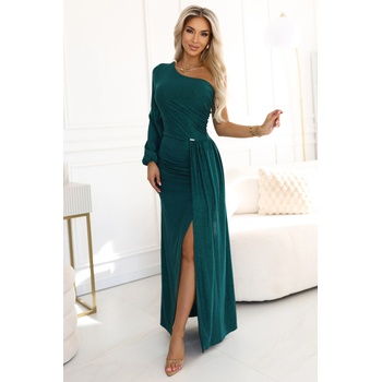 Numoco Блестяща макси рокля с едно рамо, асиметрични ръкави и цепка - бутилково зелено numoco | Zelen Zlaten | ЖЕНИ | XS