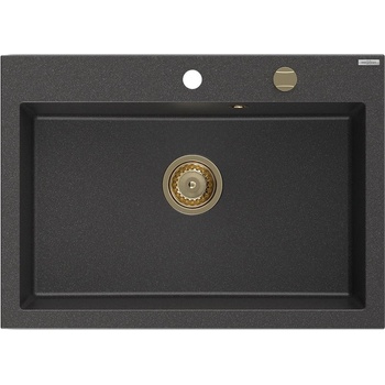 Mexen Elix гранитна мивка със сифон 1-камерна 700 x 500 мм, черно с пръски, златен сифон - 6526701005-76-G (6526701005-76-G)