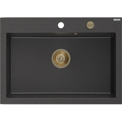 Mexen Elix гранитна мивка със сифон 1-камерна 700 x 500 мм, черно с пръски, златен сифон - 6526701005-76-G (6526701005-76-G)