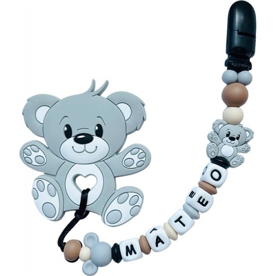 Puntja.cz silikon kousátko medvídek se jménem šedá hnědá černá