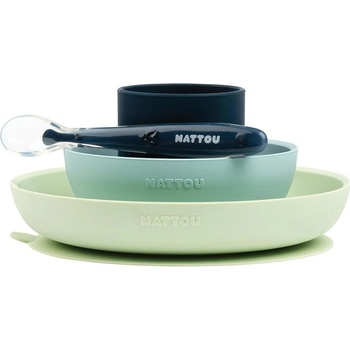 NATTOU Set jedálenský silikonový zelenomodrý bez BPA 4 ks