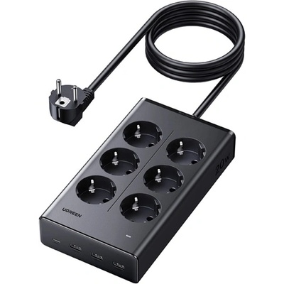 UGREEN S622 разпределение на захранването 6 AC+3 USB+Type-C гнезда 20W, PD бързо зарядно устройство 3.0 + 150cm захранващ кабел, ЧЕРНО 75141 (75141)