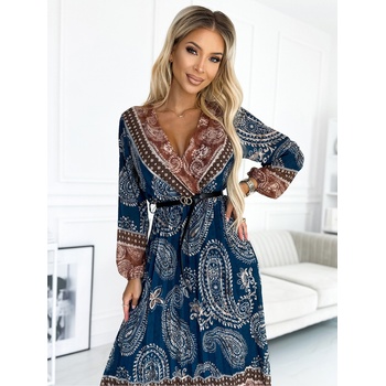 Numoco Плисирана миди рокля с дълбоко деколте, дълги ръкави и черен колан - синьо и кафяво Numoco numoco | Sin | ЖЕНИ | ЕДИН РАЗМЕР