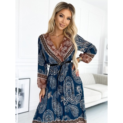 Numoco Плисирана миди рокля с дълбоко деколте, дълги ръкави и черен колан - синьо и кафяво Numoco numoco | Sin | ЖЕНИ | ЕДИН РАЗМЕР