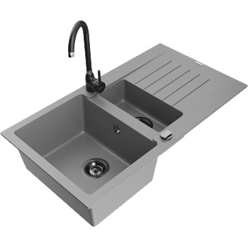Mexen Matias гранитна кухненска мивка с 1, 5 камери с отцедник и кухненски смесител Telma, сив - 6502-71-670200-70-B (6502-71-670200-70-B)
