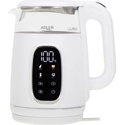 Adler AD 1305 WS, 2200 W, 1, 7 л, Сензорно управление, Филтър за люспи, Пластмаса-стъкло, Бяло-сребро, Електрическа кана (AD 1305 WS)