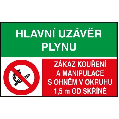 Hlavní uzávěr plynu / Zákaz kouření a manipulace s ohněm v okruhu 1,5 m od skříně, Plast A6