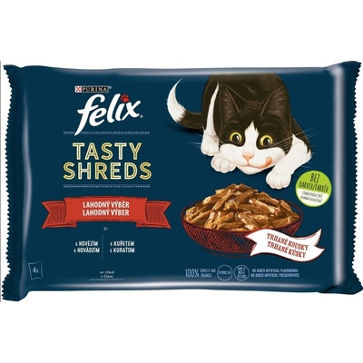 Felix Tasty Shreds s hovězím a kuřetem ve šťávě 4 x 80 g