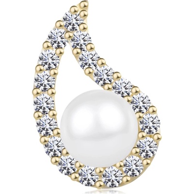 Šperky eshop Přívěsek ve žlutém 14K zlatě asymetrický obrys kapky čiré zirkony perla GG123.08