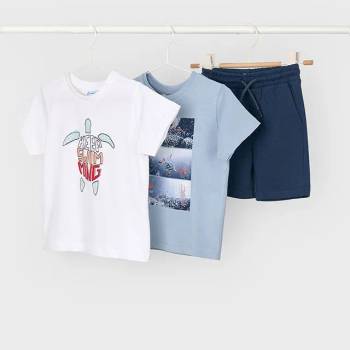 Mayoral Комплект трико 2 тениски в бяло и синьо костенурки и сини панталони за мини момче Майорал