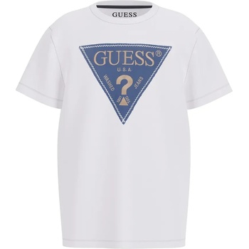 GUESS Бяла тениска за момче със синьо и бежово лого Guess