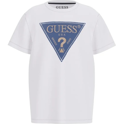 GUESS Бяла тениска за момче със синьо и бежово лого Guess