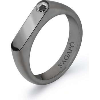 S'Agapõ Pánský ocelový prsten s černým zirkonem Tag Me Too STG34