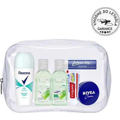 Lilien sprchový krém 50 ml + Lilien šampon 50 ml + • Dove antiperspirant 50 ml + Colgate zubní pasta 20 ml + Nivea krém 30 ml + Jelení lůj 2,3 g dárková sada Varianta: Bílá varianta