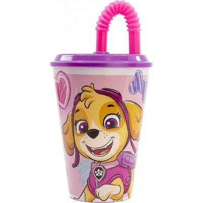 Stor plastový téglik so slamkou Paw Patrol 430ml ružový