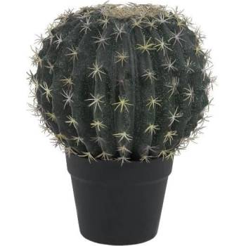 Větší umělý kulatý kaktus v květináči, tmavě zelený s ostny, 34 cm