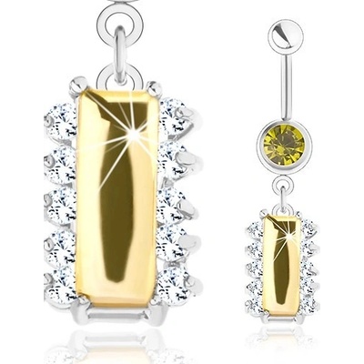 Šperky eshop ocelový piercing stříbrný odstín žlutý zirkonový obdélník čiré zirkonky SP23.06