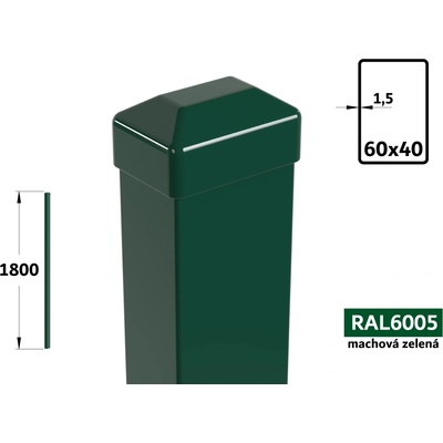Plotový stĺpik 180 cm, 60×40×1,5 mm, machová zelená