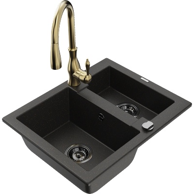 Mexen Carlos гранитна мивка 1, 5-камерна с кухненски смесител Savita, черен/златен металик - 6518-75-672601-50-B (6518-75-672601-50-B)