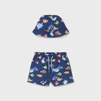 MAYORAL Комплект бански с двулицева шапка bucket тъмно и светло синьо за бебе момче Mayoral