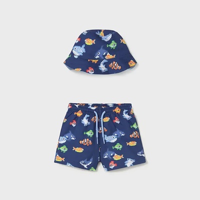 MAYORAL Комплект бански с двулицева шапка bucket тъмно и светло синьо за бебе момче Mayoral