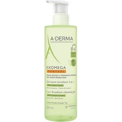 ADERMA Емолиентен почистващ гел 2 в 1 срещу разчесване, Gel 2 en 1 corps et cheveux Cleansing Gel for Dry Atopic Skin, A-Derma Exomega Control, 500 ml