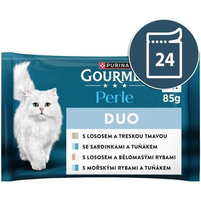 Gourmet Perle DUO losos a treska / mořské ryby a tuňák / losos a ryby / sardinky a tuňák 24 x 85 g