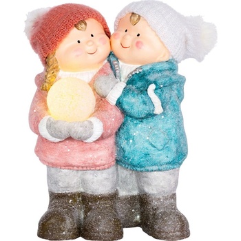 MagicHome Postavička Chlapček a dievčatko so snehovou guľou 1 LED keramika 27,5x23x40 cm