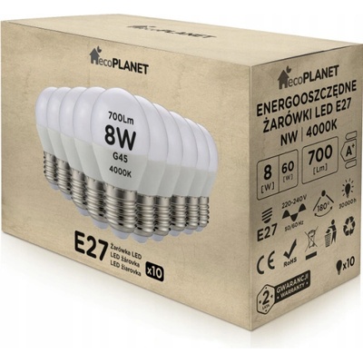 ecoPLANET 10x LED žiarovka E27 G45 8W 700lm neutrálna biela