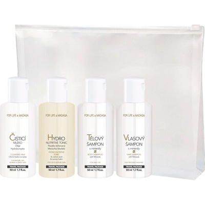 For Life & Madaga pro suchou pleť Čisticí mléko 50 ml + Hydro-nutritive tonic 50 ml + Vlasový šampon s minerály 50 ml + tělový šampon s minerály 50 ml Cestovní sada – Hledejceny.cz